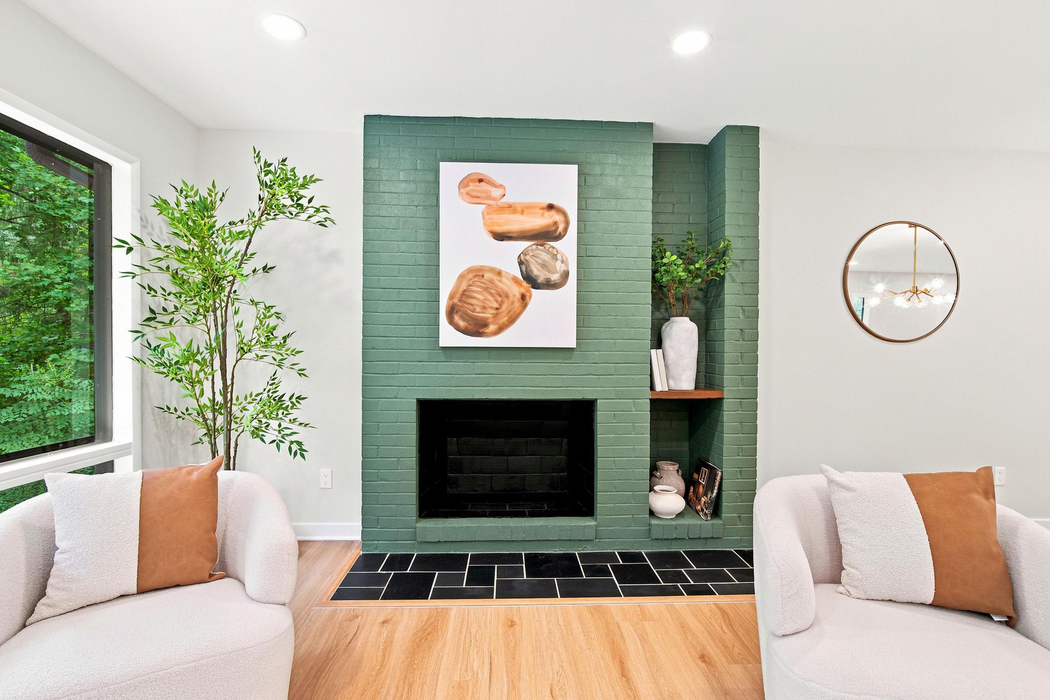 Living room with a green brick fireplace wall, Annandale