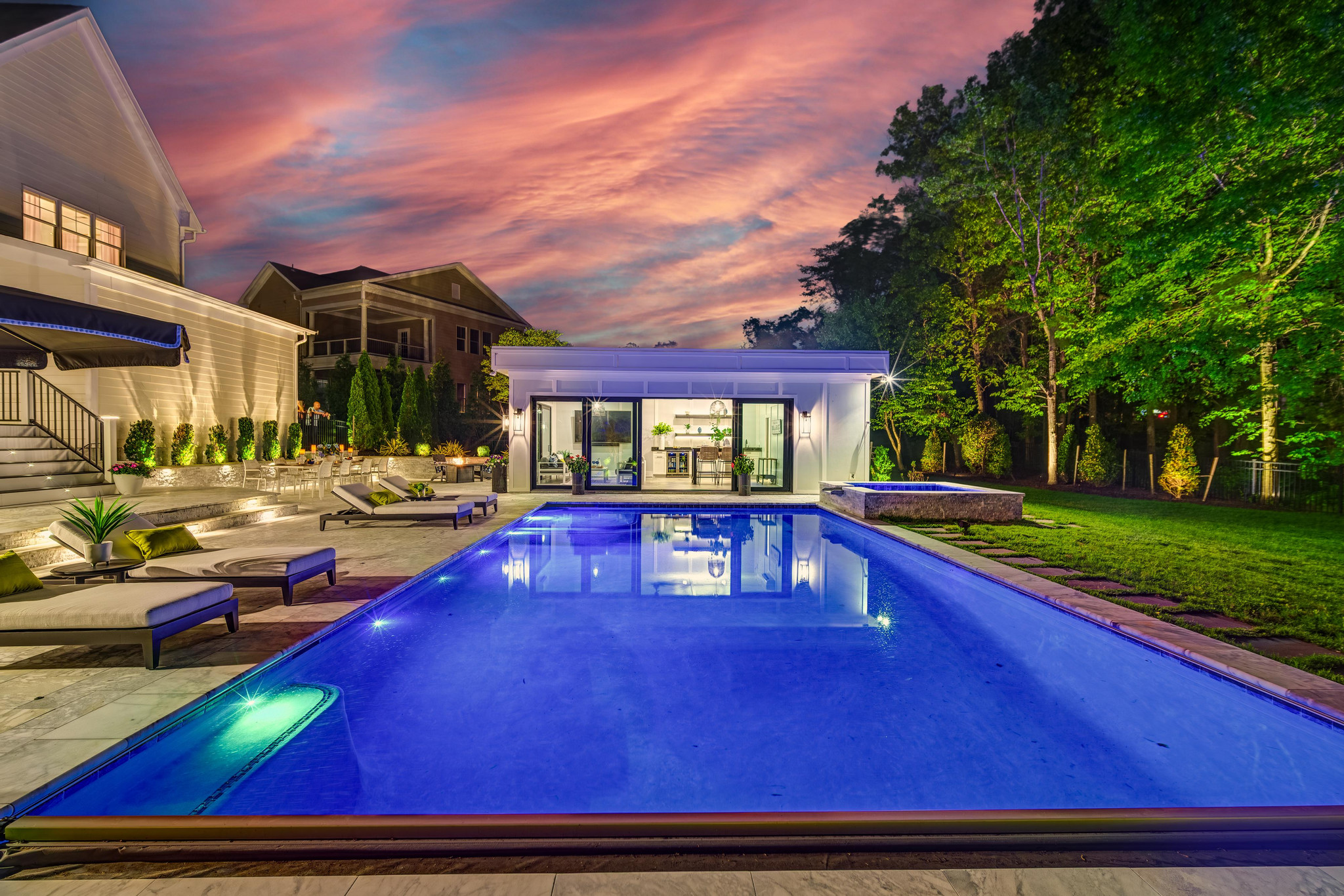 Pool house and pool at twilight, Ashburn